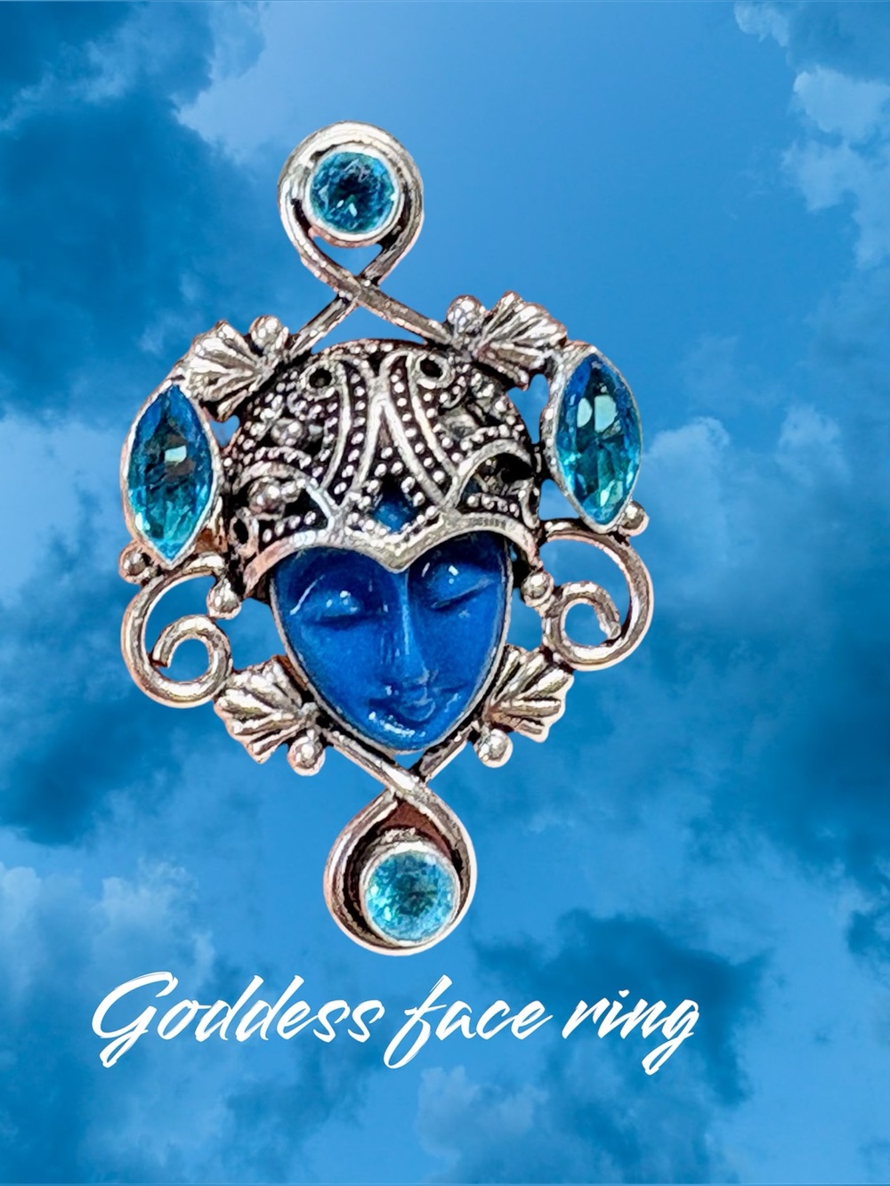 Goddess Face Ring in Blue gemstone ethnic ring-one of a kind
